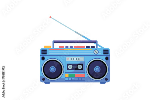 Retro blue boombox with cassette tape and antenna on white background
