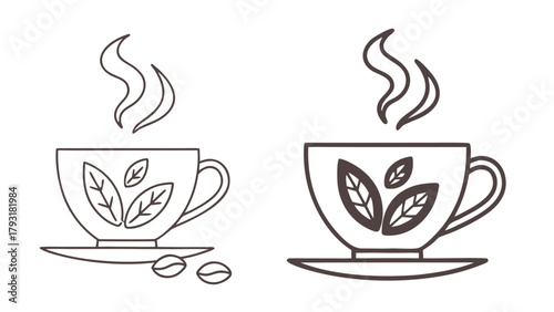Two cups of tea with leaf design and steam outline on saucers with coffee beans outline drawing