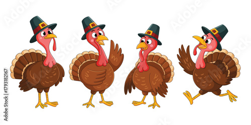 Four cartoon turkeys wearing pilgrim hats celebrating thanksgiving together