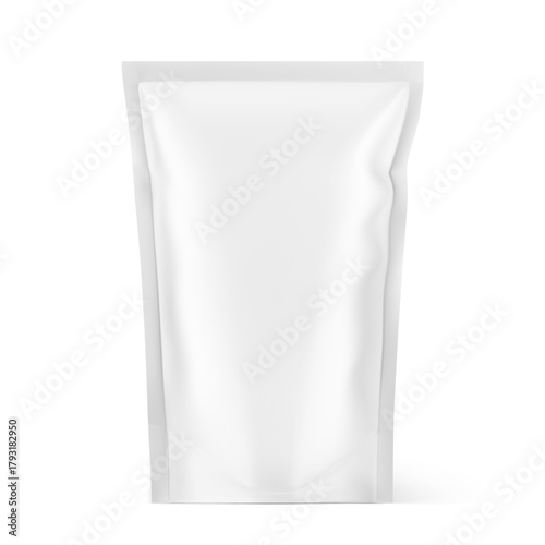 Realistic stand up pouch bag mockup. Front view. Vector illustration isolated on white background. Ready for your design. EPS10.