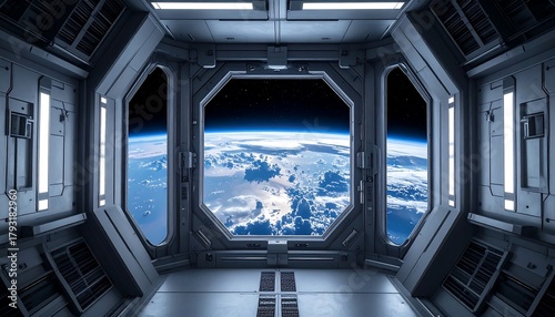 Fototapeta Naklejka Na Ścianę i Meble -  Space station interior view of Earth, framed by a geometric window, bathed in soft, diffused light