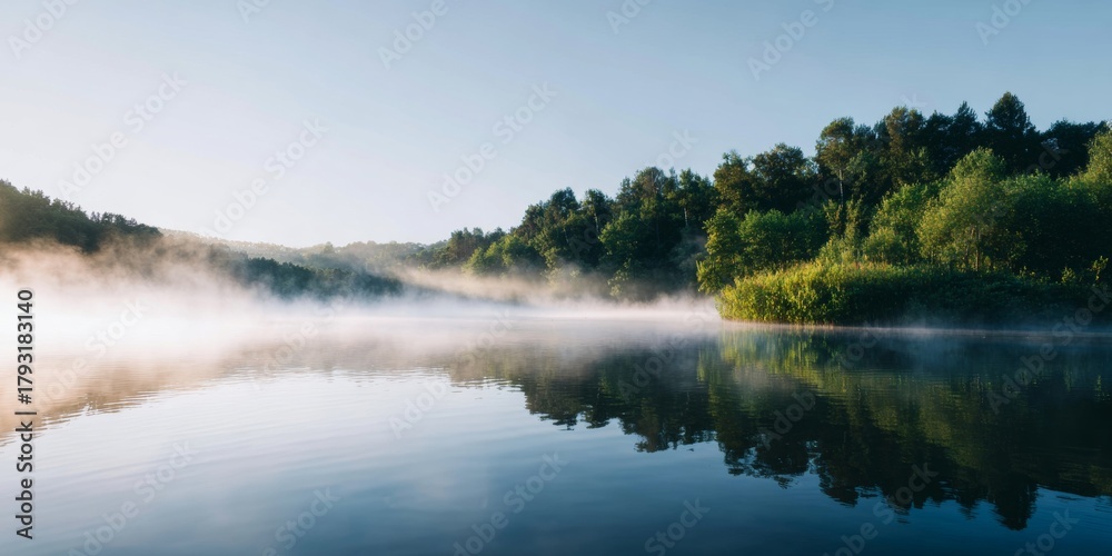 Obraz premium Cinematic photo of early morning fog rising over still water, showcasing a tranquil landscape and emphasizing the importance of environmental conservation