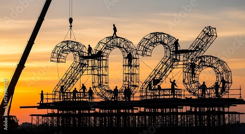 Silhouette of construction workers building 2026 structure at sunset