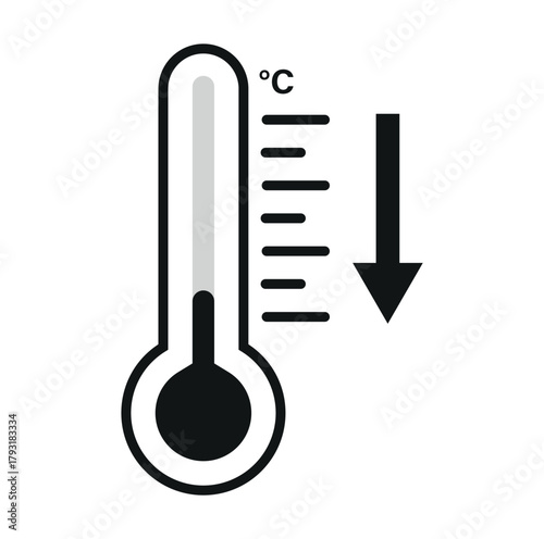 Thermometer showing temperature decrease with a downward arrow indicating falling temperatures displayed