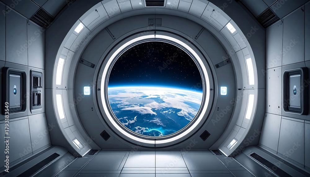 Obraz premium Space station window looking out on earth. Space view is bright, curved, showing clouds, continents, and atmosphere