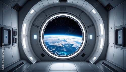 Fototapeta Naklejka Na Ścianę i Meble -  Space station window looking out on earth. Space view is bright, curved, showing clouds, continents, and atmosphere