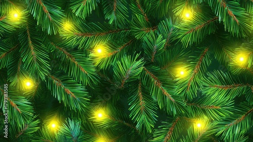 Close-up of green pine branches adorned with warm yellow lights.