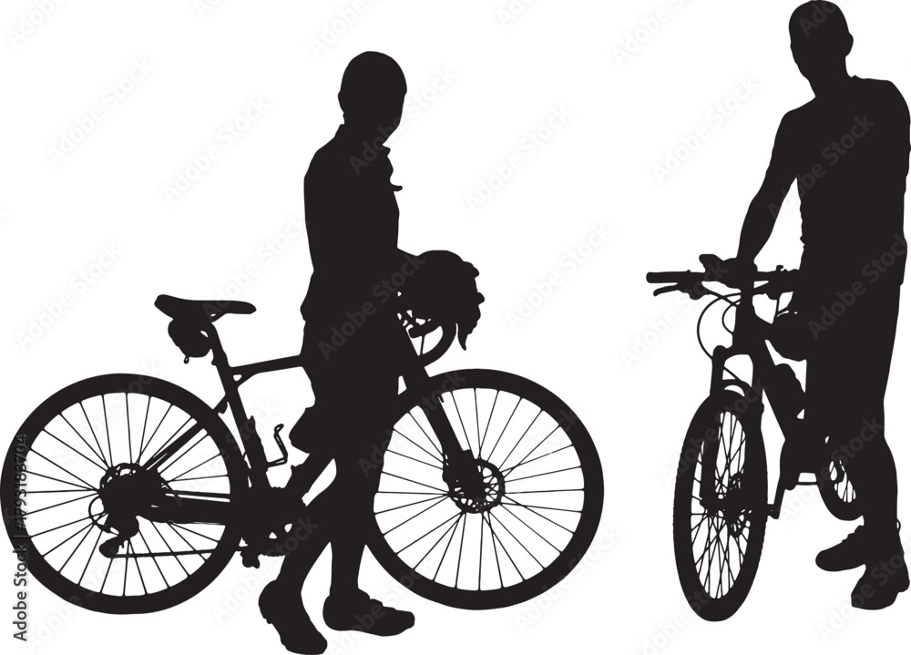 Fototapeta premium vector, silhouette of a cyclist couple with bike looking at camera