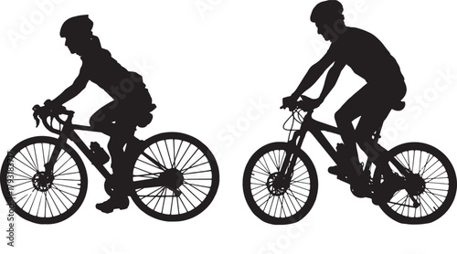 vector, silhouette of a side view of couple cyclist riding a bicycle