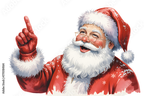 Smiling santa claus pointing up, christmas illustration