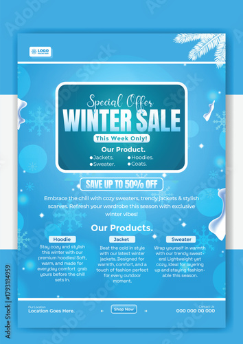 Winter sale special offer flyer template with save up to 50% off discount