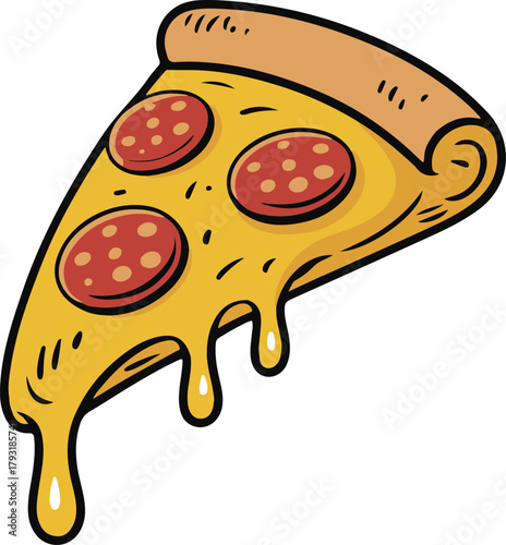 Slice of pepperoni pizza with dripping cheese, cheesy delicious vector illustration