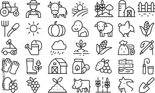 Farm and agriculture outline icons vector set