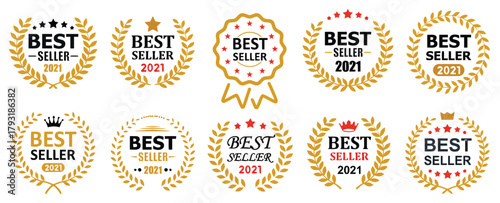 best seller, badge, seal, award, ribbon, laurel wreath, star, crown, 2021, sale, promotion, recognition, quality, top, premium, graphic, design, element, collection, set, isolated, white background, v