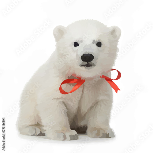 Cute Polar Bear Cub with Blue Ribbon

