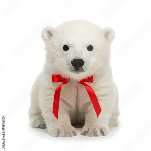 Cute Polar Bear Cub with Blue Ribbon

