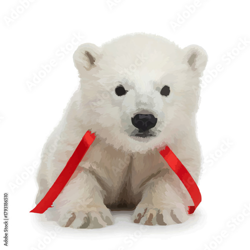 Cute Polar Bear Cub with Blue Ribbon


