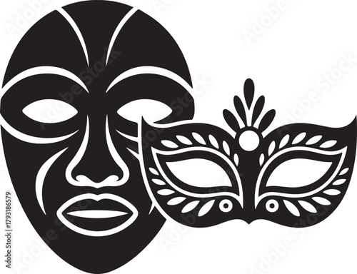 Dual mask concept African tribal and Venetian carnival silhouette.