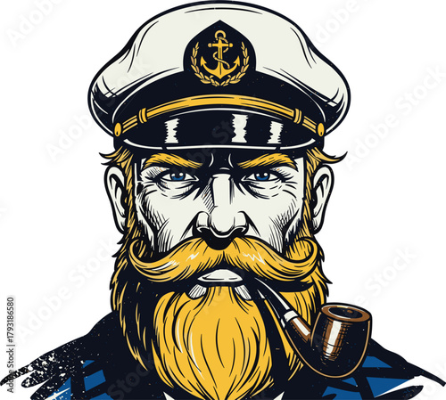 Illustration of a determined captain with a weathered face and a pipe, sporting a classic captains hat, exudes maritime authority and experience