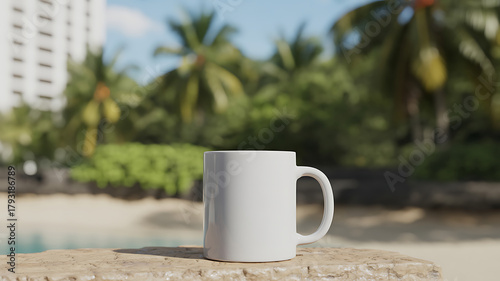 Fototapeta Naklejka Na Ścianę i Meble -  Blank white mug mockup on a stone surface with a tropical background