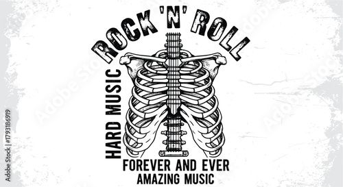 Illustration of rock n roll skeleton rib cage with hard music forever and ever amazing music is a cool design for music lovers and musicians