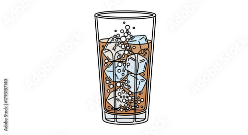 Illustration of a tall glass filled with a brown liquid and ice cubes.