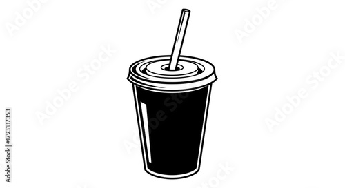 Black and white illustration of a disposable cup with a lid and straw, filled with a dark liquid.