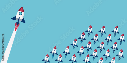 One rocket ship leads a fleet of rockets into the sky symbolizing innovation and success