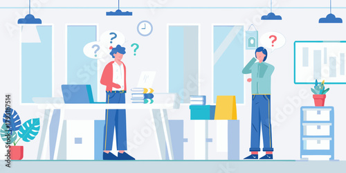 Two confused people standing in an office with question marks above their heads