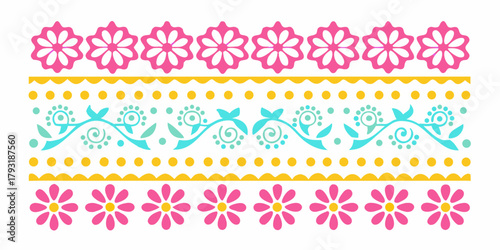 Decorative floral border design with pink flowers yellow dots and turquoise swirls on white background