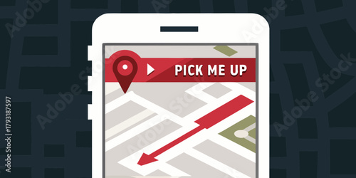 Smartphone displaying a map with a pick me up location and navigation arrow