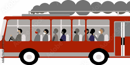 People wearing face masks while riding a red bus with smoke coming from the top