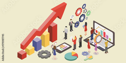 Business team analyzing growth charts and data with gears and magnifying glass on a light background