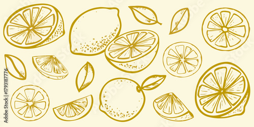 Hand drawn yellow lemon slices whole lemons and leaves pattern on a light background