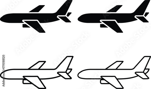 Aircraft vector icons in solid and outline styles for travel