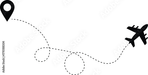 Airplane flight path with location pin, travel journey concept