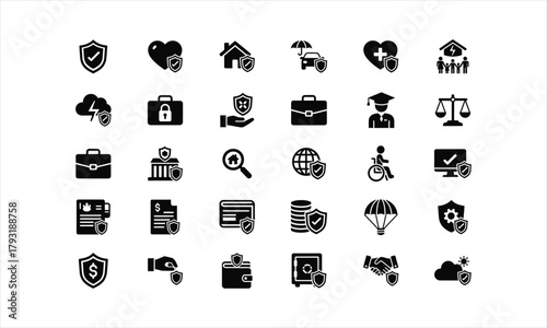 Comprehensive set of modern insurance and protection icons for business and personal security needs, visually representing safety and trust.