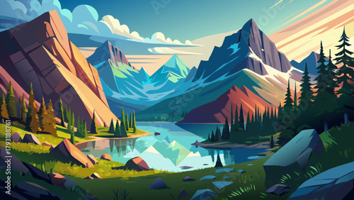 Very beautiful morning view of Glacier National Park, Montana, USA, in anime style, featuring majestic mountains, crystal-clear lakes, and soft glowing light over lush forests, capturing the park’s 