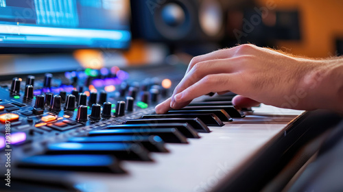 music producer mixing tracks in modern studio for vibrant sound creation, professional audio production, copy space