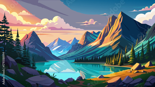 Very beautiful morning view of Glacier National Park, Montana, USA, in anime style, featuring majestic mountains, crystal-clear lakes, and soft glowing light over lush forests, capturing the park’s br