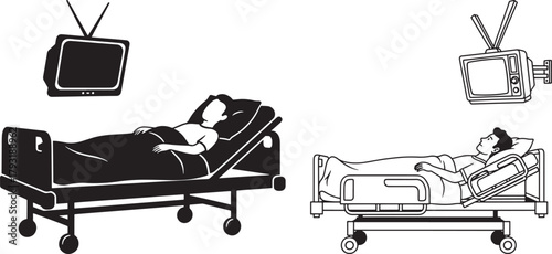 Two hospital beds with patients and televisions silhouette