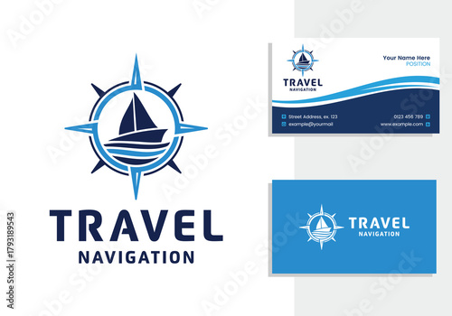 Vessel ship travel navigation logo and business card design