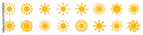 sun, weather, summer, heat, light, bright, sunshine, icon, set, collection, yellow, orange, graphic, design, symbol, celestial, energy, warm, day, sky, climate, abstract, simple, modern, circular, ray
