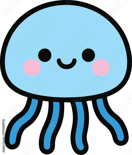 Smiling blue jellyfish with rosy cheeks, cute kawaii vector illustration