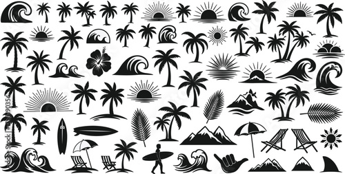 Illustration of set of hand drawn tropical elements including palm trees, waves, sun, surfboard, mountains, beach chair and umbrella