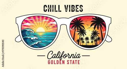 Illustration of a vibrant and colorful illustration showcasing the essence of californias golden state with chill vibes, featuring sunglasses reflecting a beach scene with palm trees, waves, and a sun