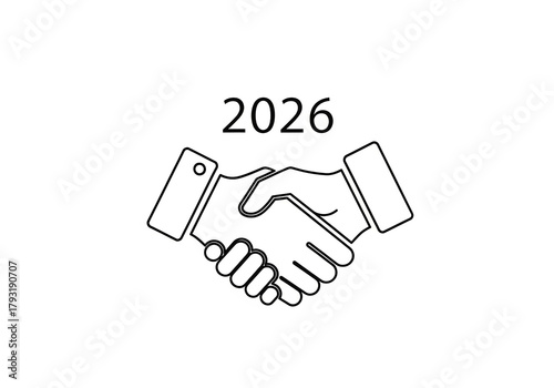 Handshake Agreement for 2026: A minimalist line drawing depicts a handshake, symbolizing partnership and agreement, set against a neutral backdrop, accompanied by the year 2026.
