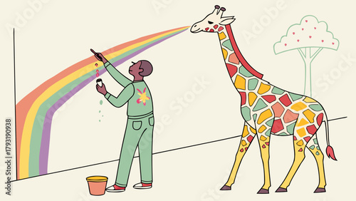 2D Artist Painting Rainbow Giraffes While Real Giraffe Watches 