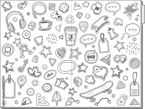 Open sketchbook filled with hand drawn doodles of stars, coffee, and speech bubbles in black and white