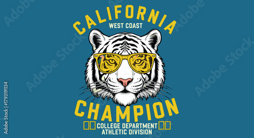 Illustration of a captivating design featuring a tiger head wearing sunglasses, adorned with the words california west coast champion and college department athletic division